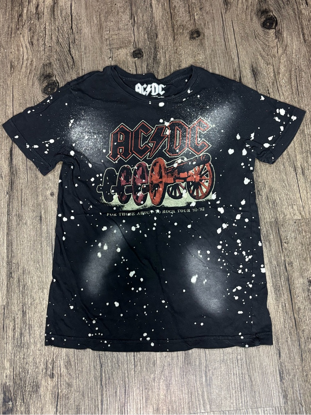 AC/DC Black Graphic Bleach-Splatter Tee W/ Grunge Band Tee Rock Tour ‘81-82’